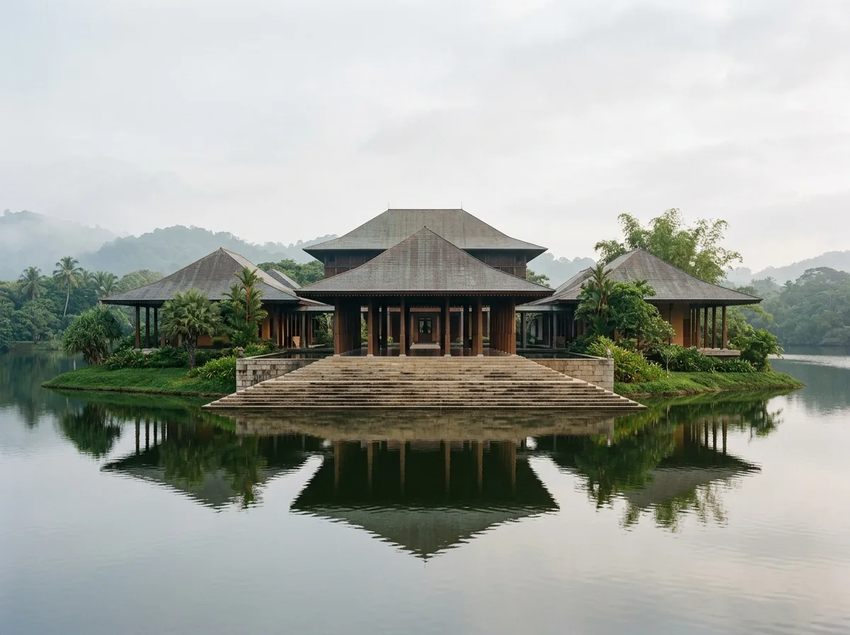 Tropical Parliament Complex: Copper Roof Floats on an Artificial Lake