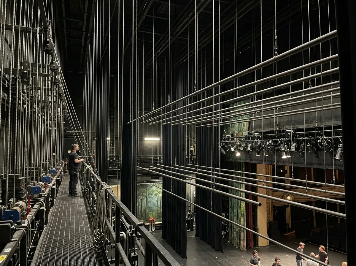 Hanger bar system: A row of bars across the stage
