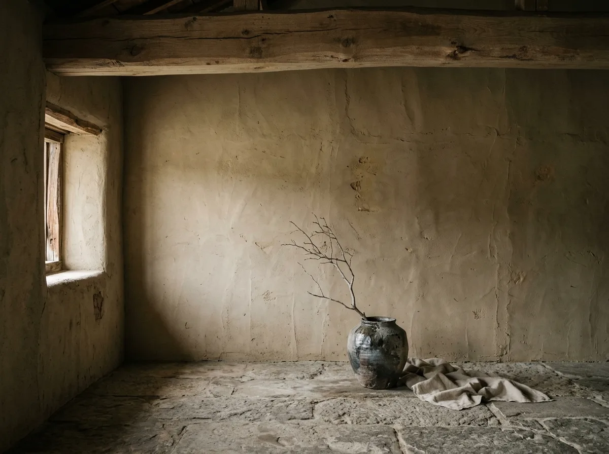 Wabi-Sabi Living Room: Raw Textures and Traces of Time