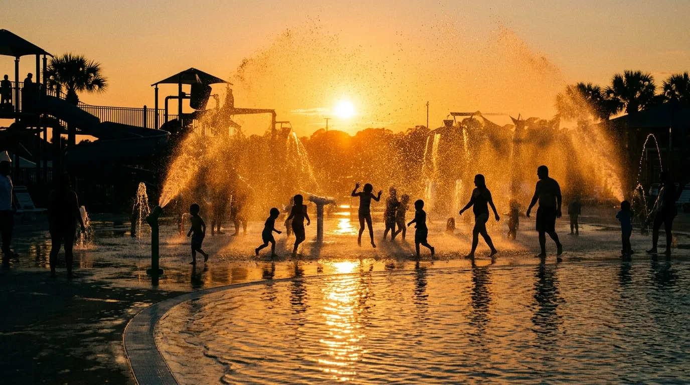 Dusk Backlight: Water Mist Transforms into a Golden Screen of Light