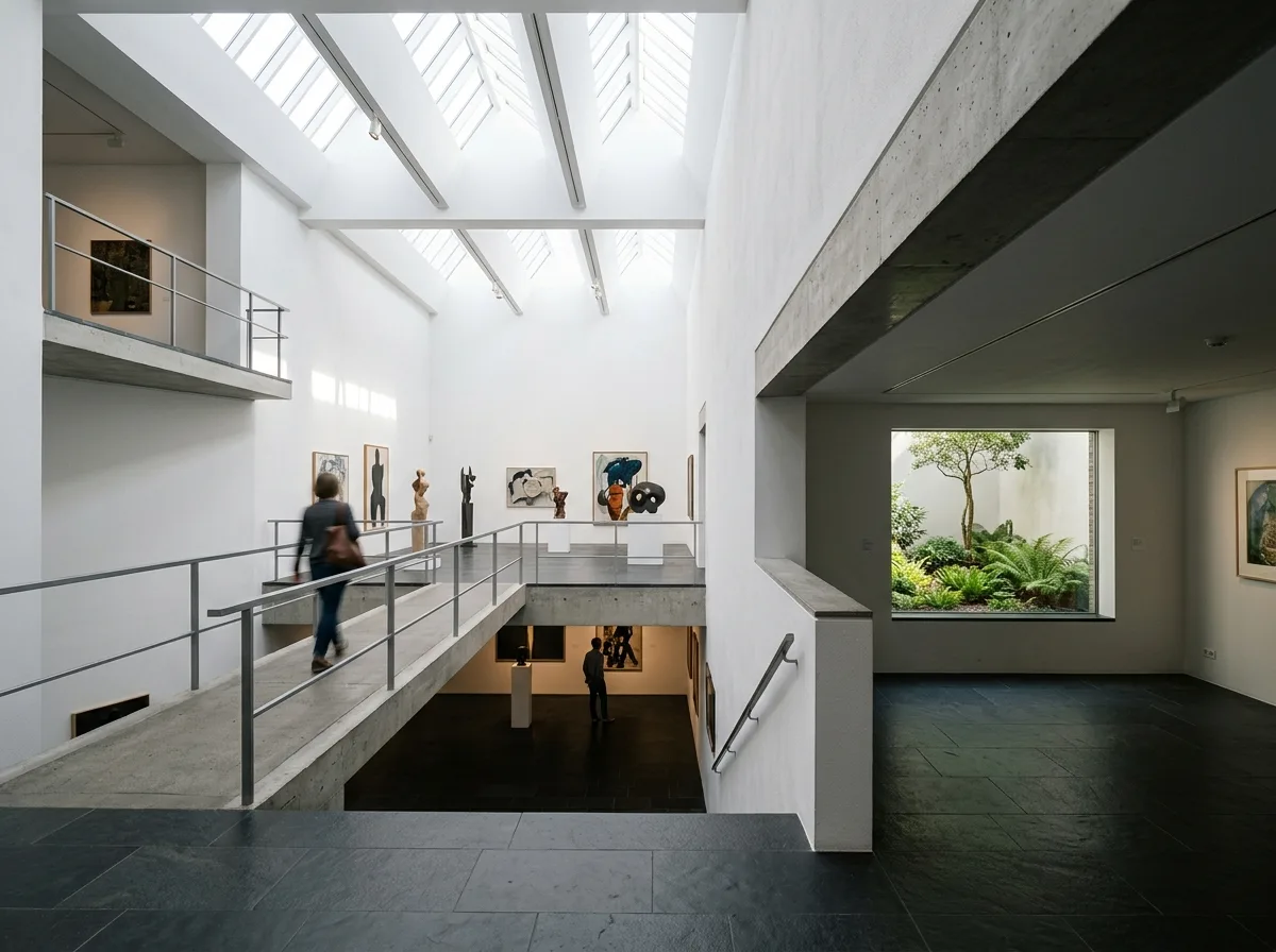 Exhibition Hall Interior with Level Changes: Bridges, Split Levels, and Atriums