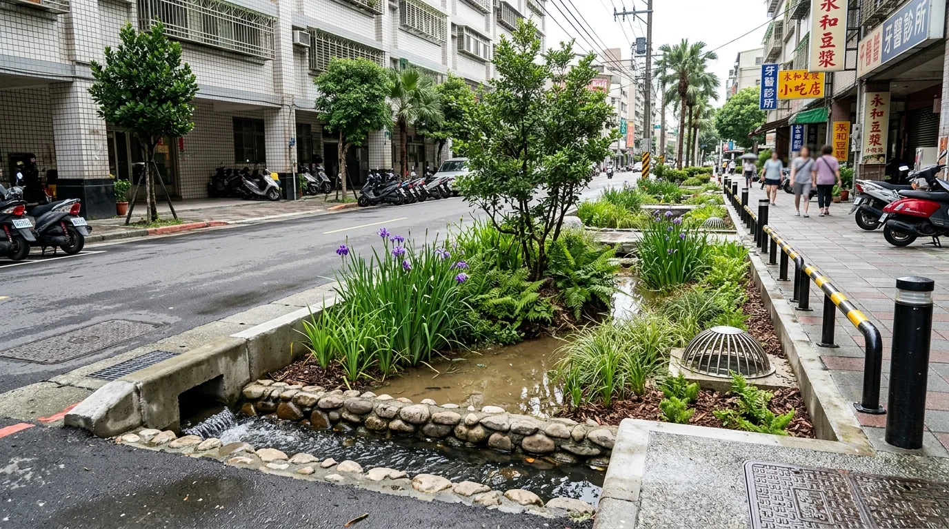 街道雨水花园：路缘进水的生态滞洪