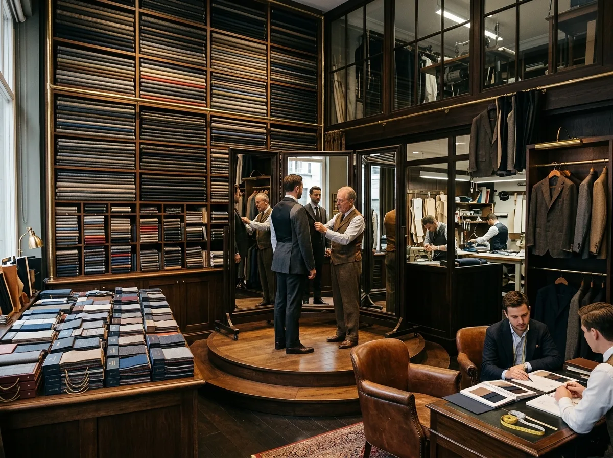 Bespoke Tailor Shop: Fitting Area, Fabric Swatch Wall, and Mirrors