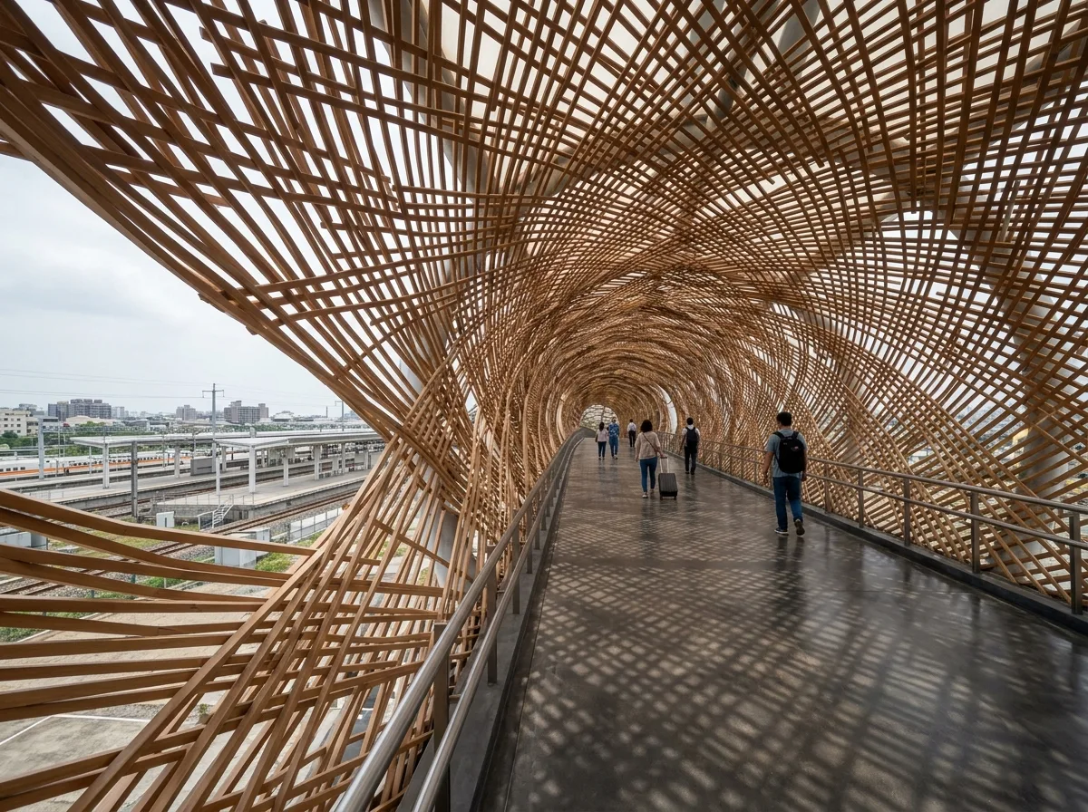 木格栅编织的曲面天桥：层叠百叶与筛落光影