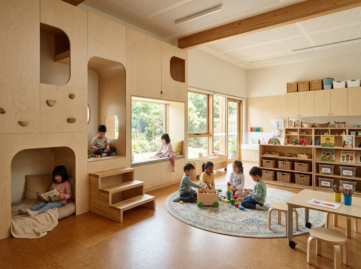 幼稚園アクティビティルーム：低スケール、洞窟、そして登れる壁