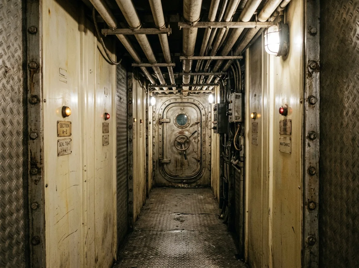 Retro-futurism Corridor: pipes, hatches, and indicator lights