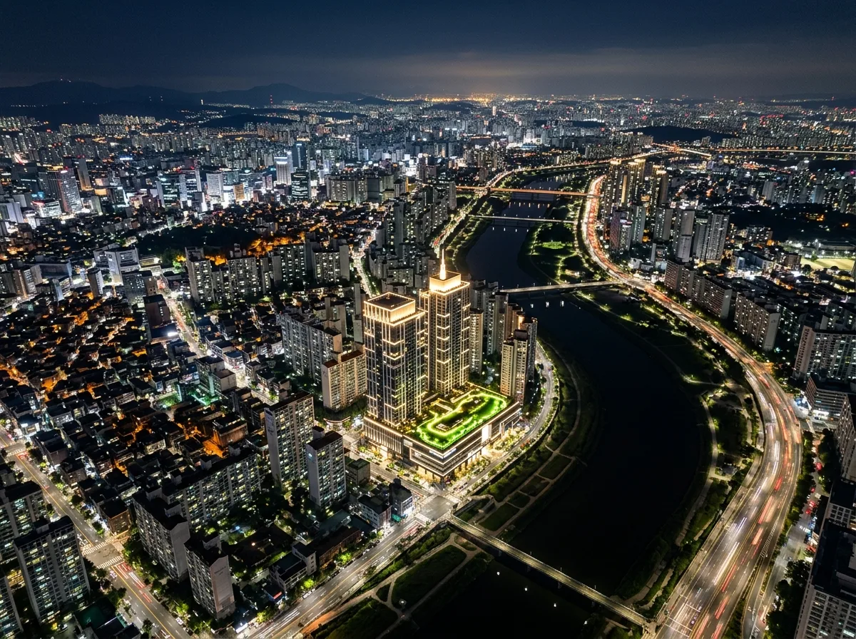 空撮夜景：都市の灯りの海に浮かぶプロジェクトの立地