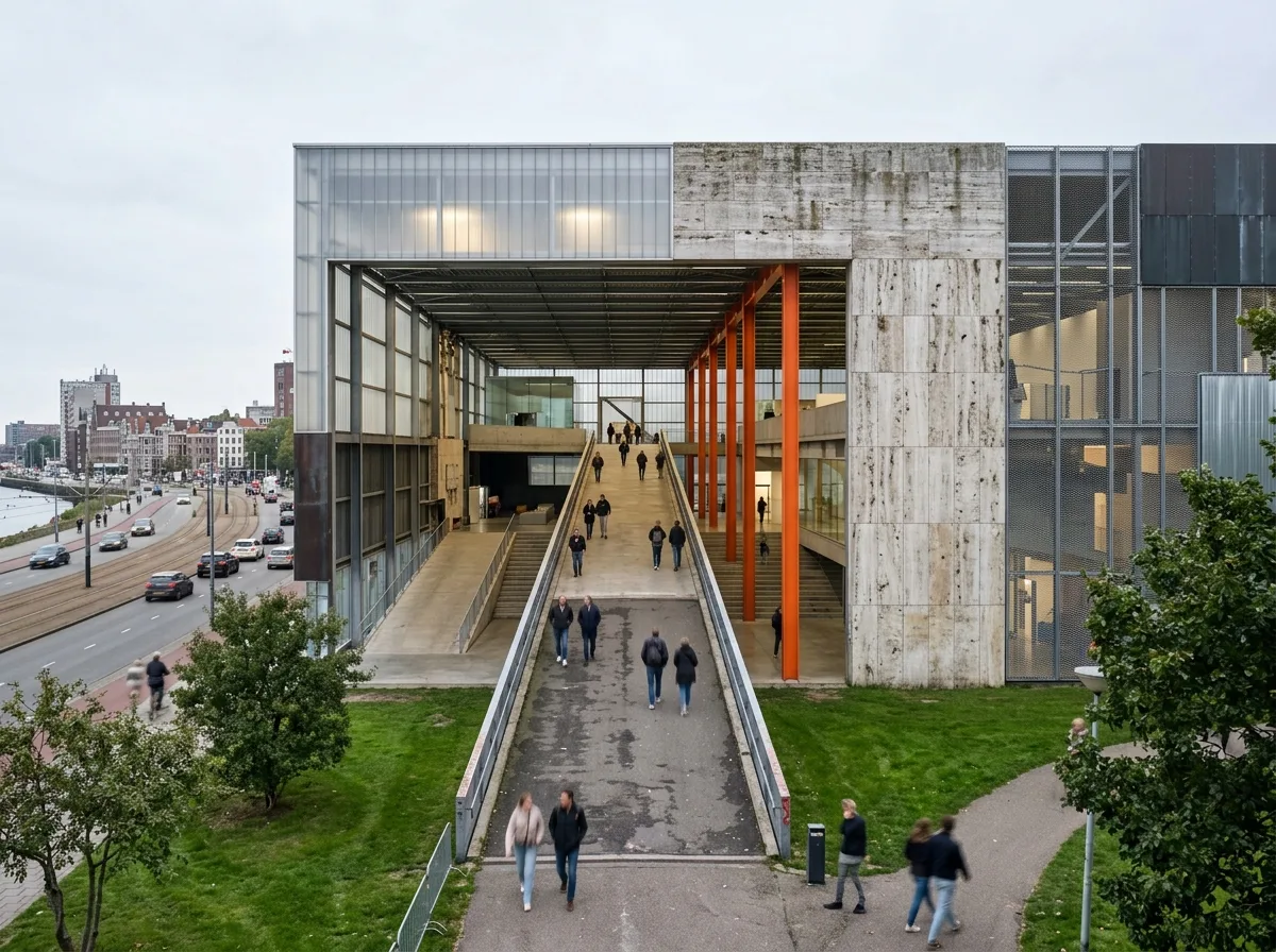 Exhibition Hall with a Sloping Passage: Circulation Cuts Through the Entire Building