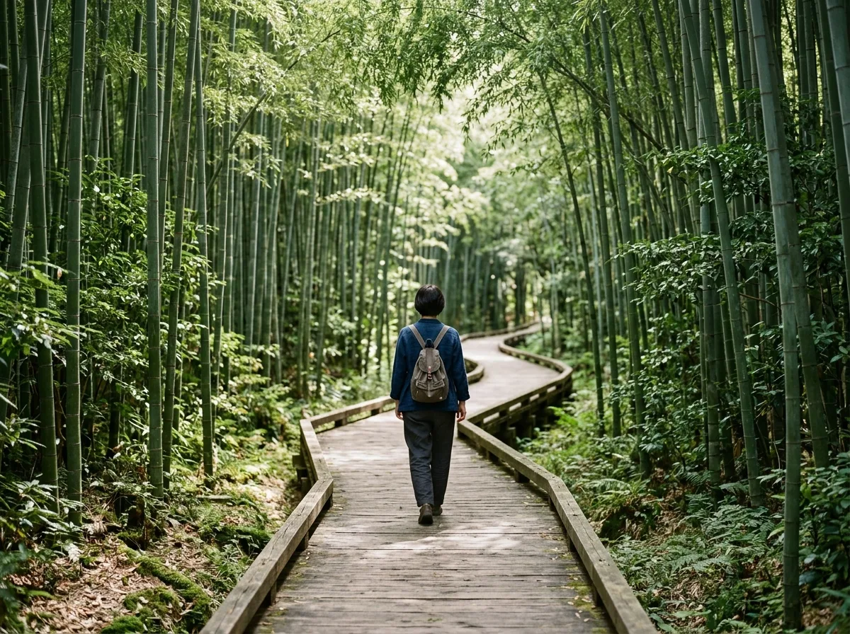 竹林に独り：静謐な回廊の瞑想者