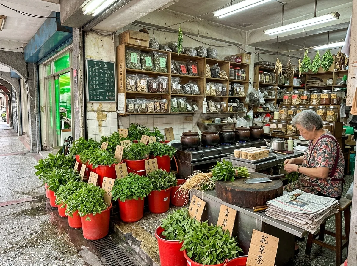 薬草店：生薬陳列と煎じ器