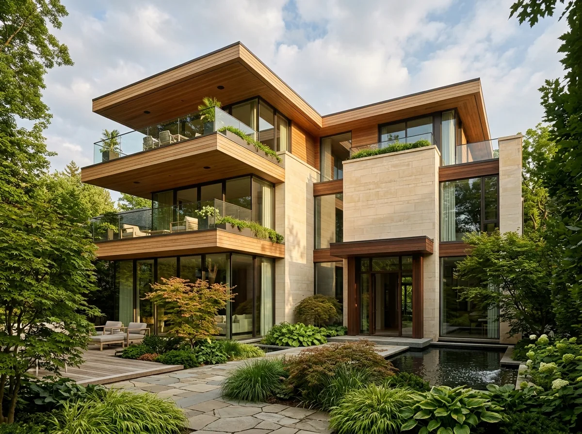 Stone and Wood Ceilings: Layered Balconies in Contemporary Japanese Style