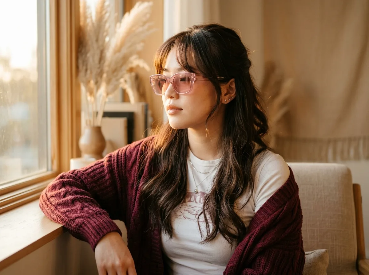 Golden Hour Lifestyle Photography: Pink Transparent Glasses & Wine Red Knit