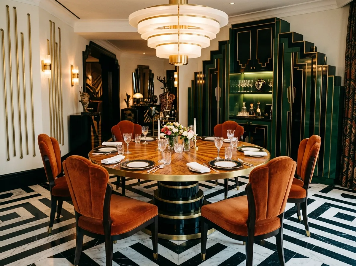 Art Deco Dining Room: Radial parquetry and fountain lights