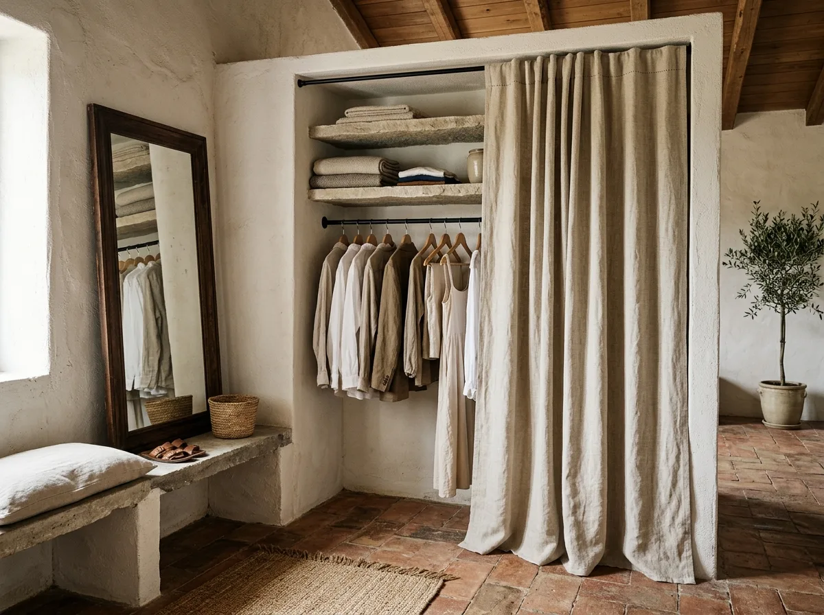 Mediterranean Modern・Dressing Area: Fabric Curtains Instead of Doors