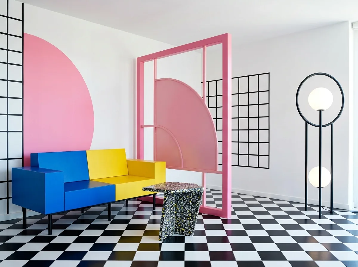 Postmodern Living Room: Columns, Color Blocks, and Slanted Panels