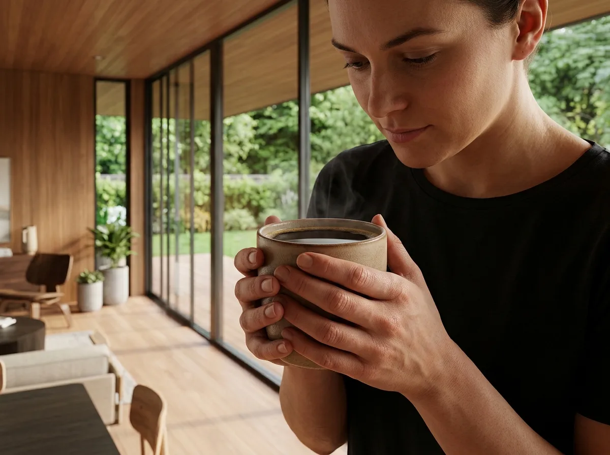 手：スマホを操作するか、両手でコーヒーカップを持つ