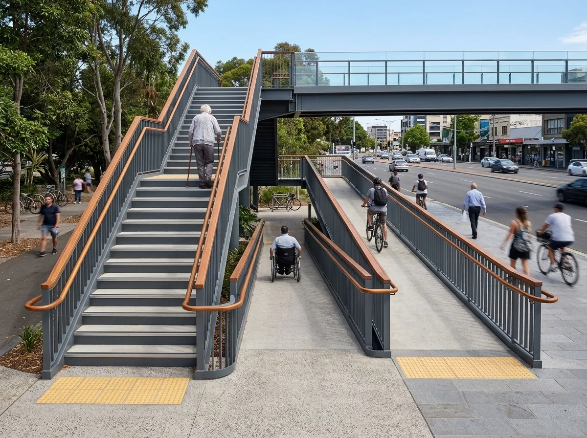 Juxtaposition of Stairs and Ramps: Two Ways to Ascend the Same Bridgehead