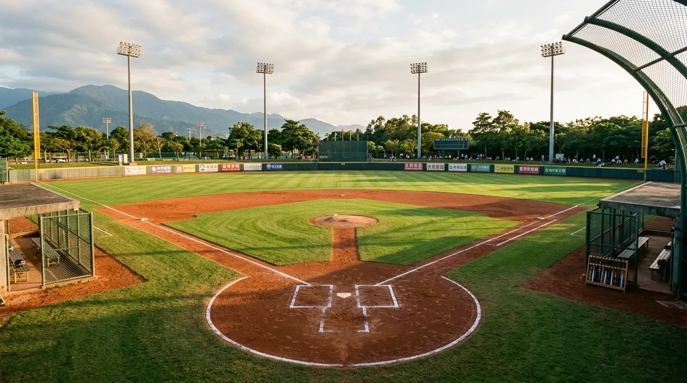 野球場：内野の土と外野の芝生の境界