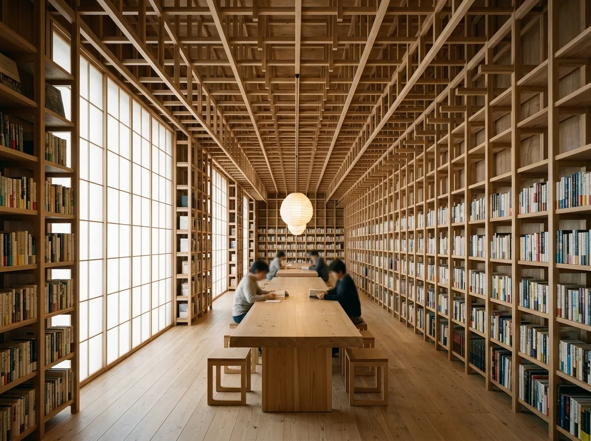 Timber Bookstore: Stacked Grilles and Diffused Light