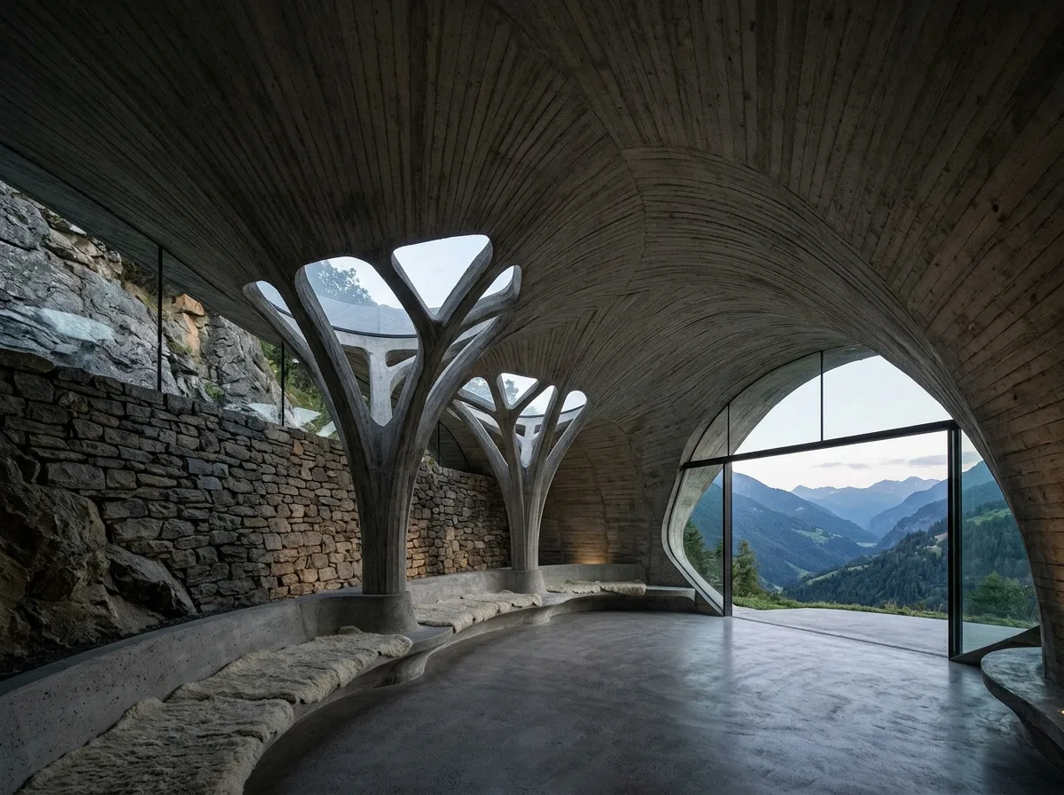 有机建筑・主空间：曲面天花和树状柱