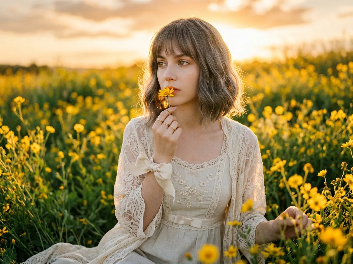 黄花凑近唇边：夕阳花田与蕾丝罩衫