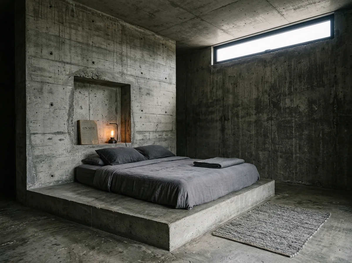 Brutalism・Bedroom: Platform Bed and a High Window