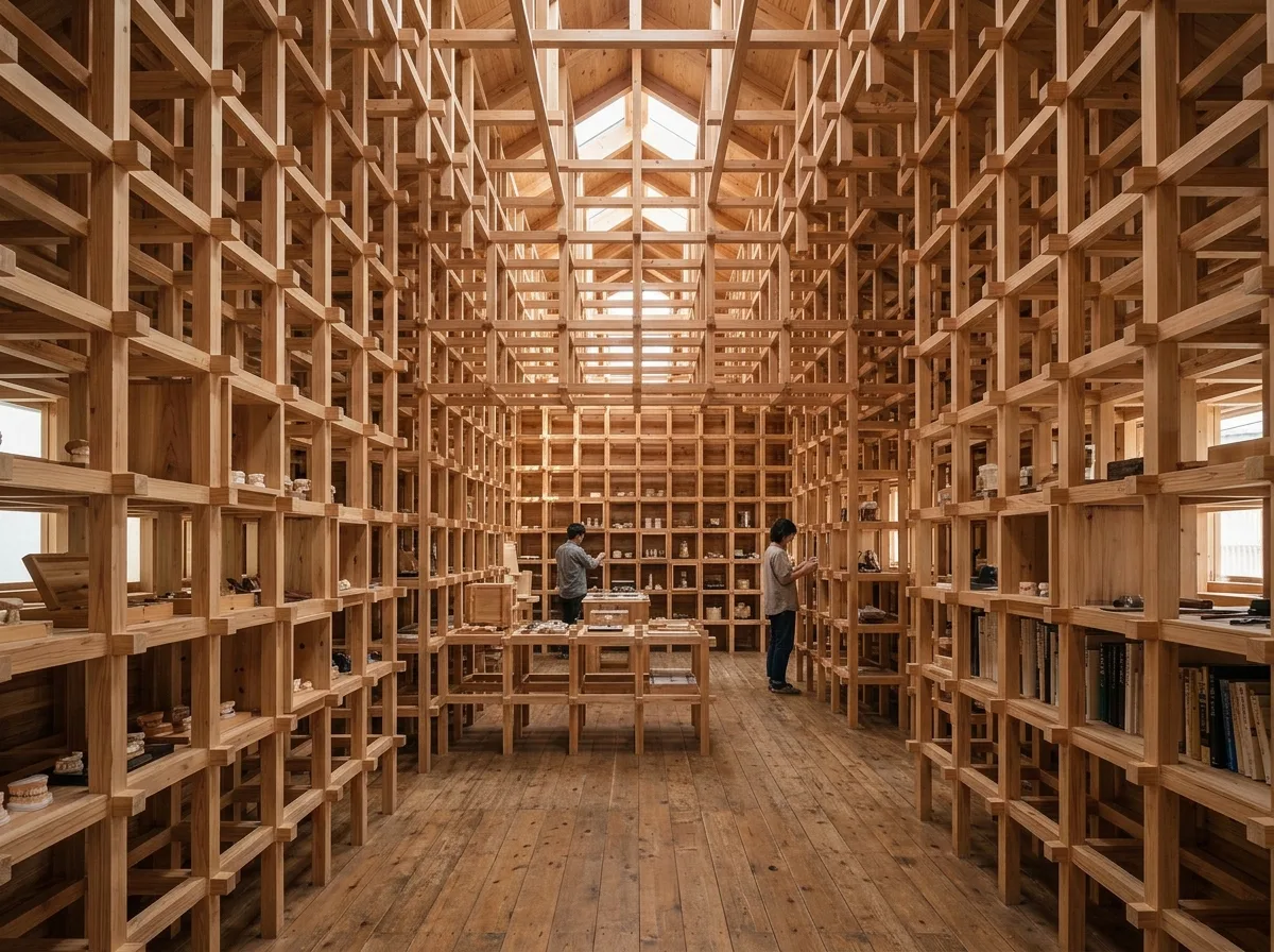 Wooden Lattice Museum Interior: Interlocking Modules and Layered Light