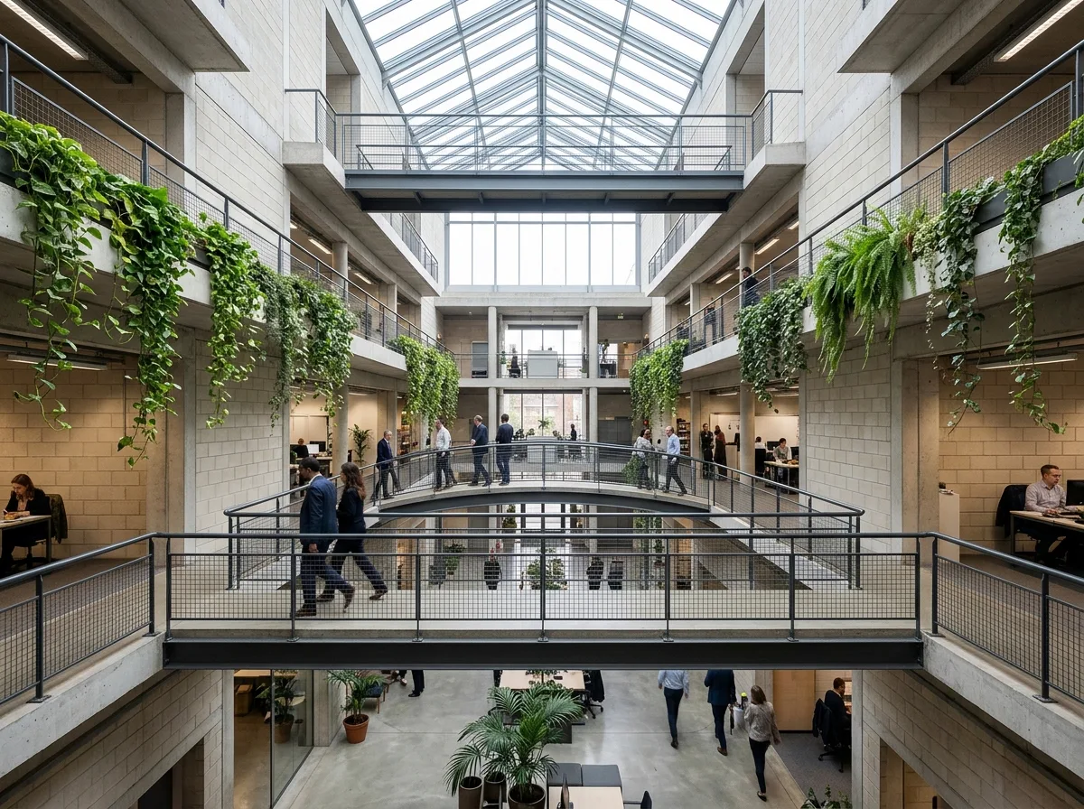 Interior Atrium of a Government Office Building: Vertical Streets and Bridging Circulation