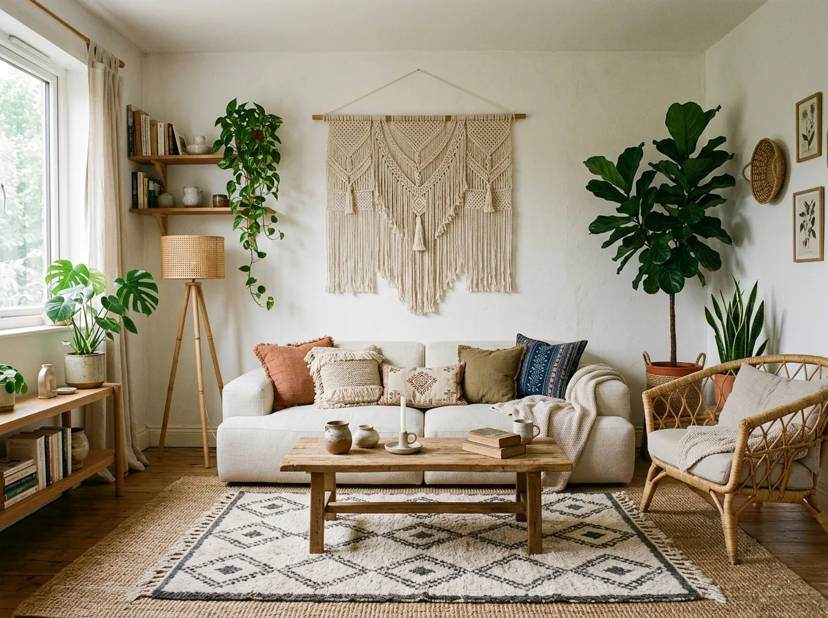 Bohemian Living Room: Layered Rugs and Three Plants