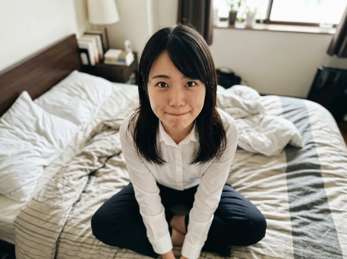 床沿浅坐・俯角抿唇的自然抓拍