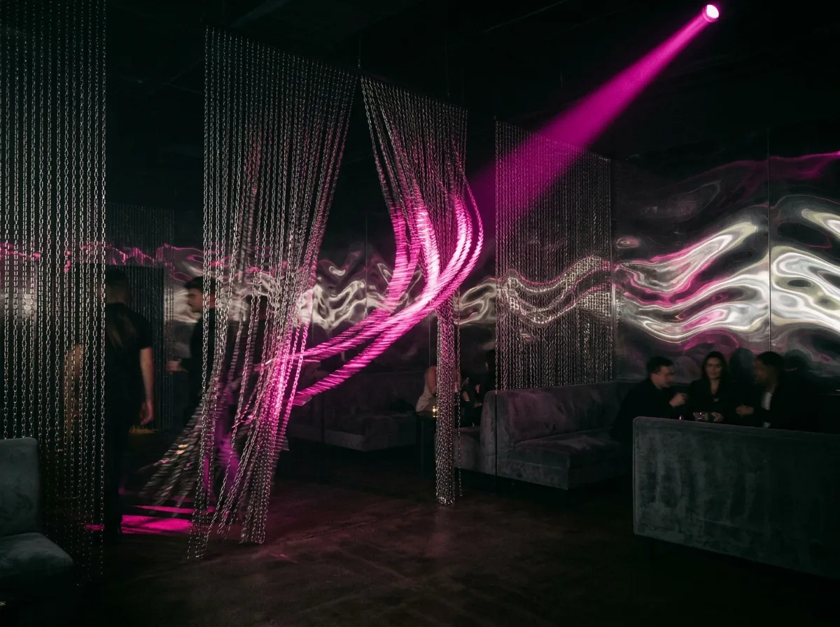 Fluid metal・Nightclub: chain curtains and colored lights