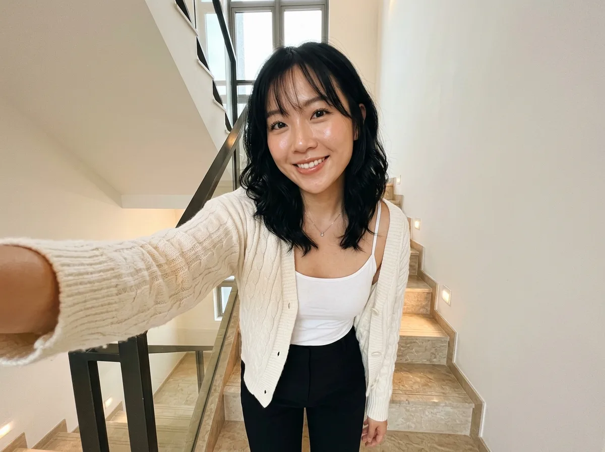 Stairwell White Knit Cardigan Selfie