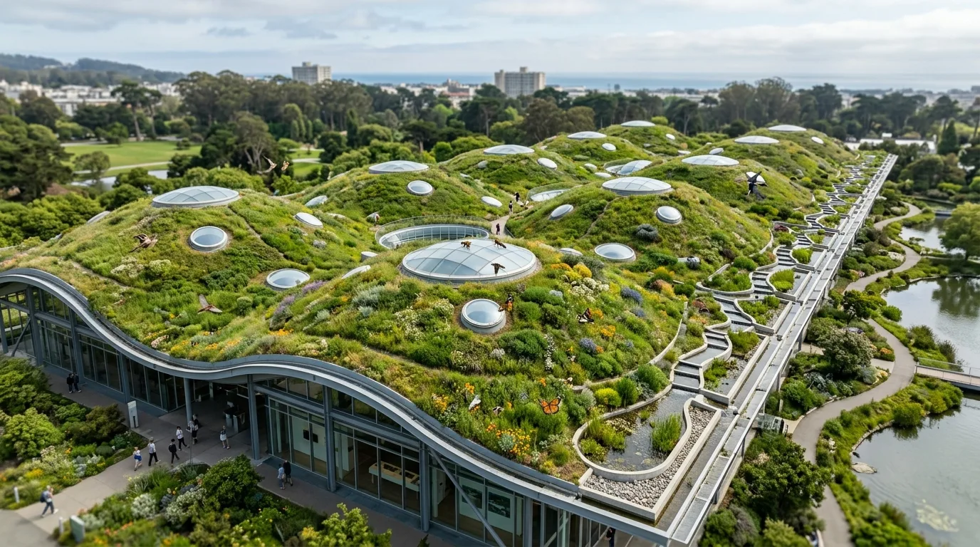 エコルーフ：起伏する緑の丘と雨水システム