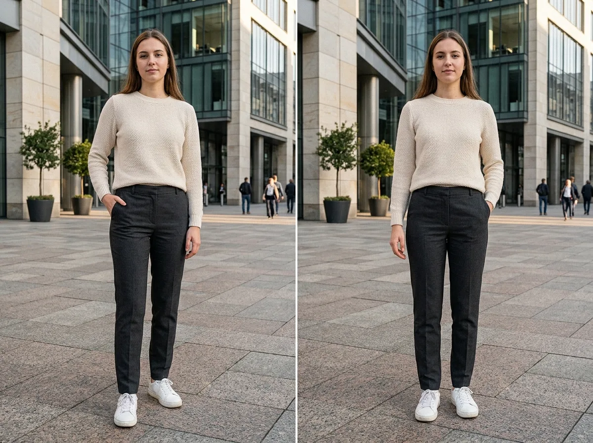 Standing pose: One hand in pocket or lightly holding a bag strap