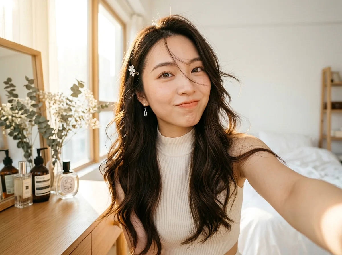 朝の光の寝室セルフィー：クリームニットと逆光のシルエット