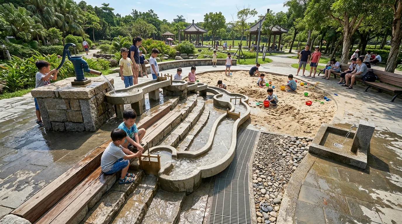 Water and Sand Play Area: Hand Pump, Water Channels, and Drainage Edging