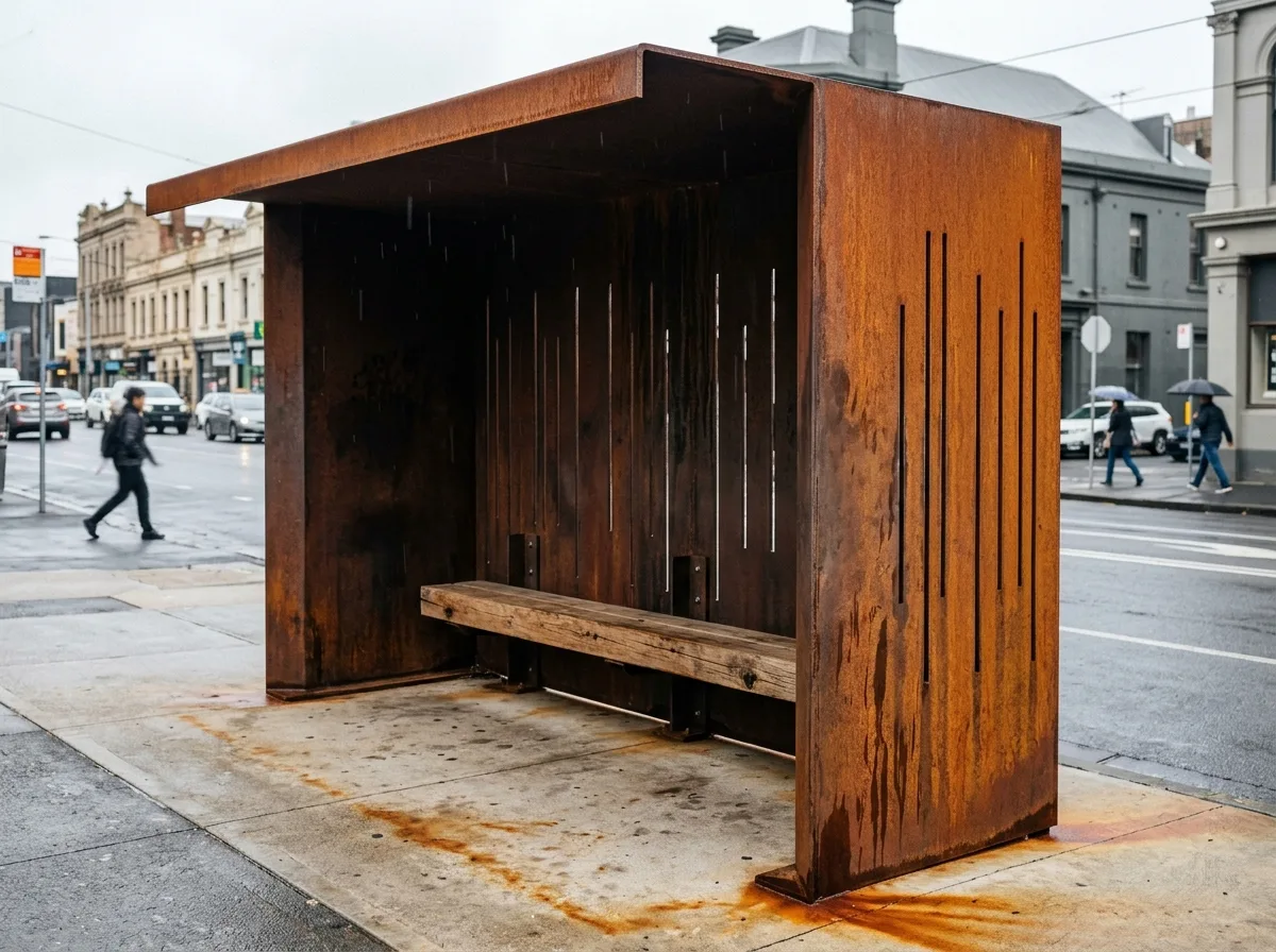 Corten Steel Bus Shelter: Rusty Volume and Slits