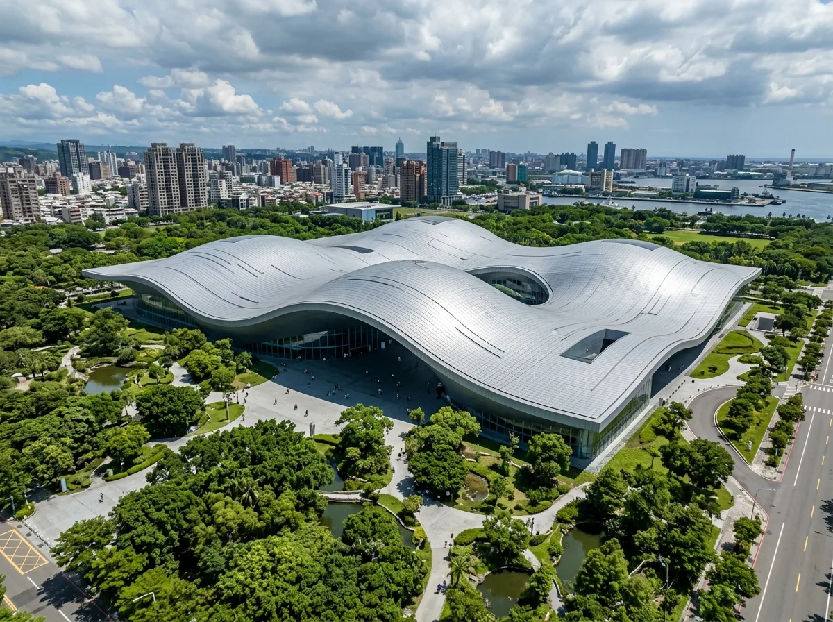単一の波形屋根が複数のホールを覆う：銀灰色の金属シェルと熱帯公園