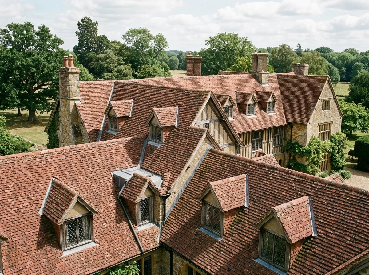 Roof: steep pitch, multiple gables and dormers