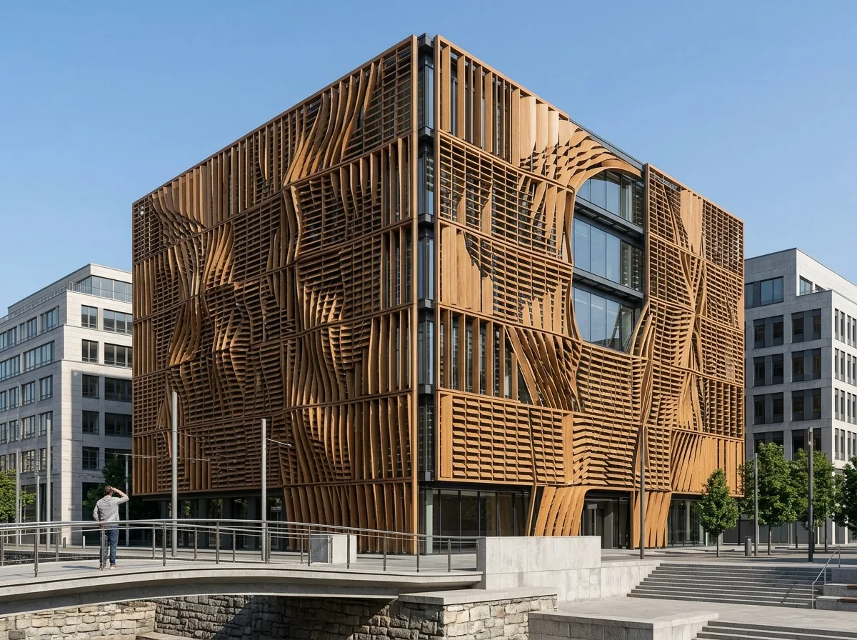 Facade Innovation: Parametric Wood Grain Sunshade Net