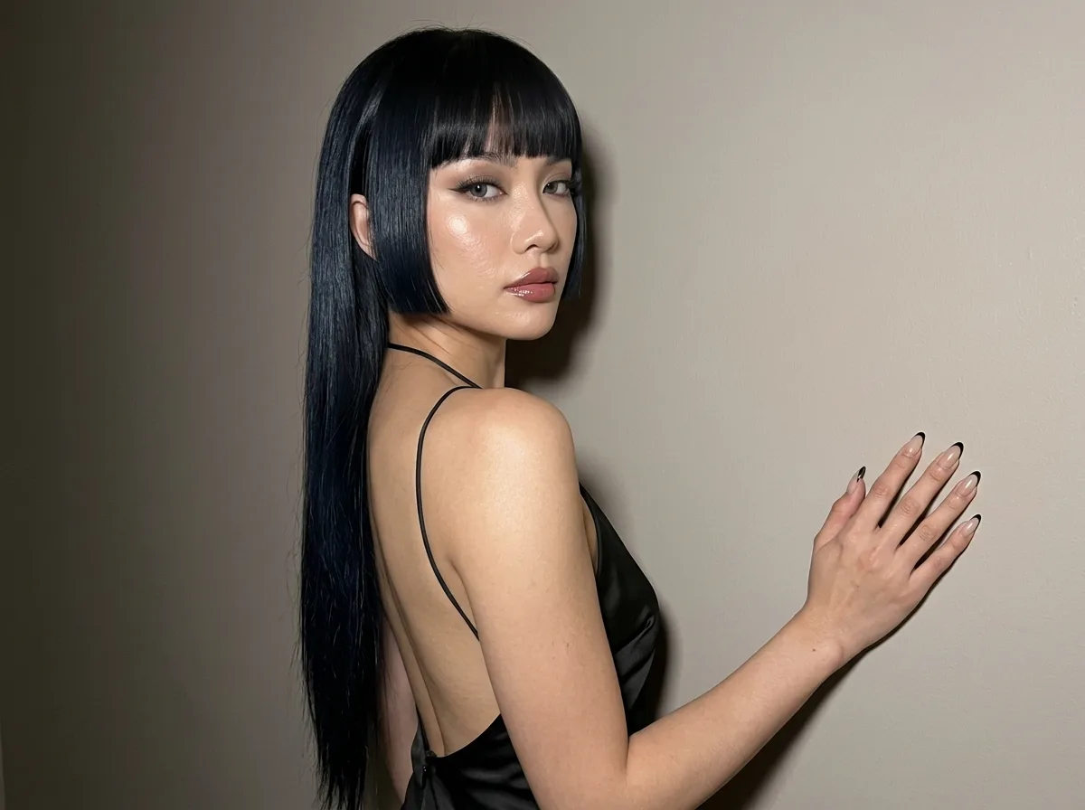姫カットのフラッシュセルフィー：肩越しの視線とヘアジオメトリ