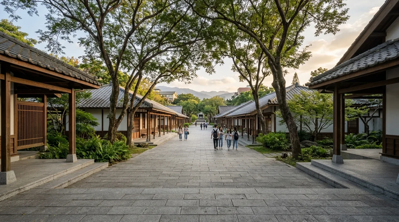 合院群落的林荫轴线：灰瓦深檐与相思树步道