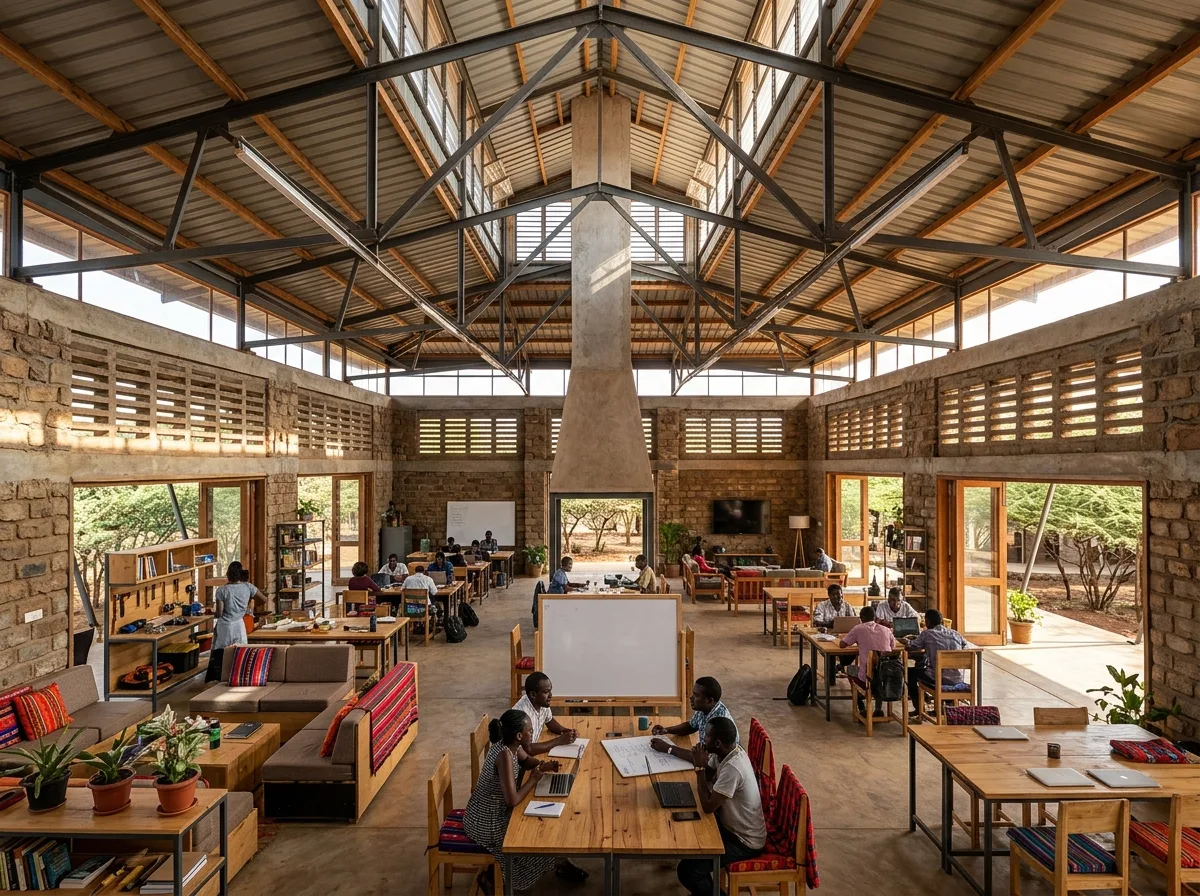 Naturally Ventilated Co-creation Space Interior: Exposed Roof Structure and Handmade Materials