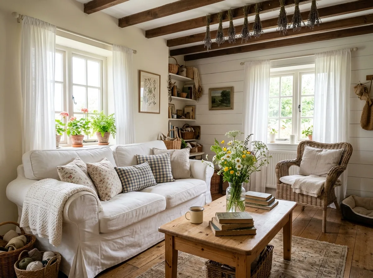 Pastoral Living Room: White Cloth Sofa and Dried Flowers