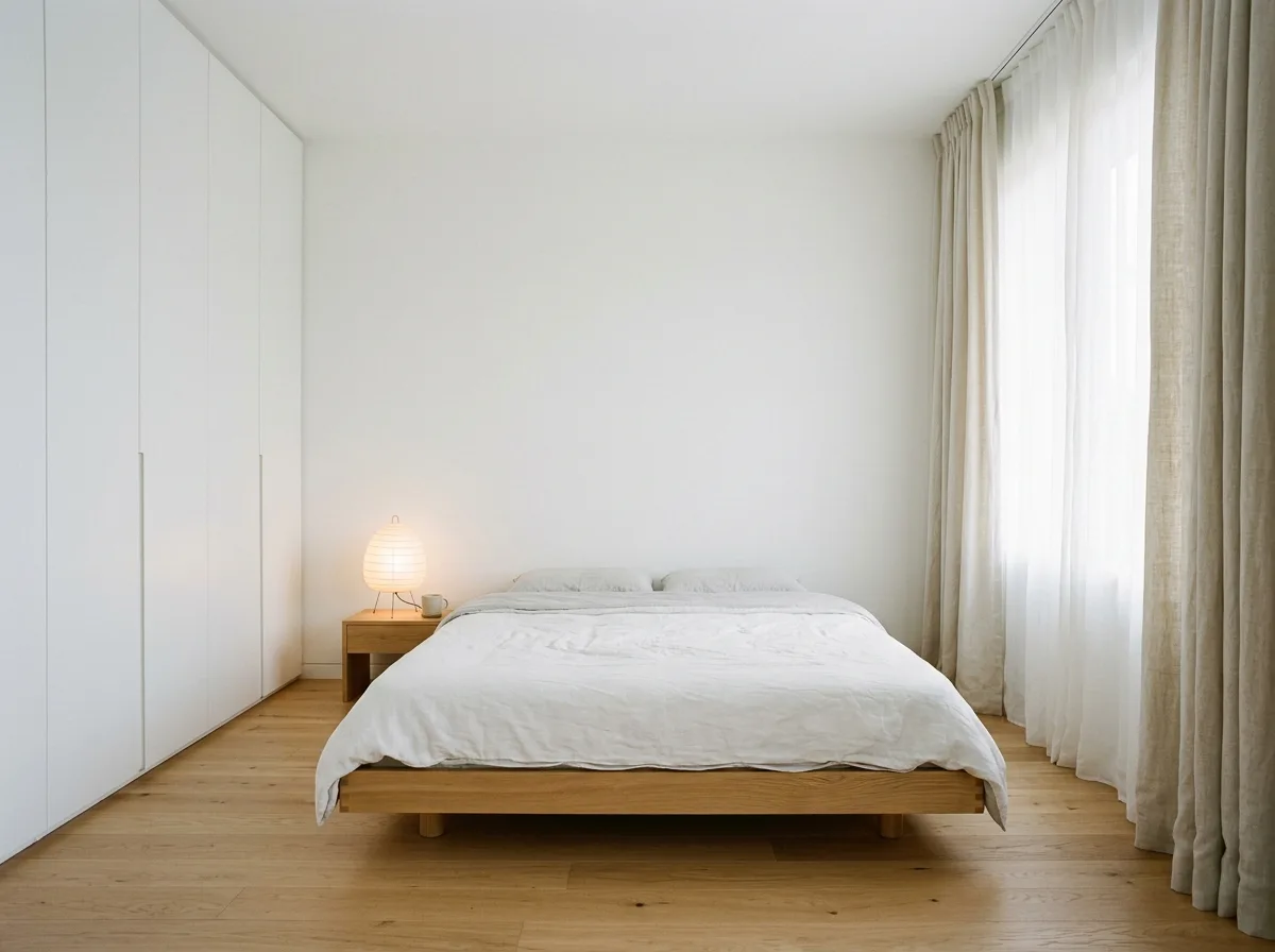 Muji Style Bedroom: Low Bed Frame and Large Areas of White Space