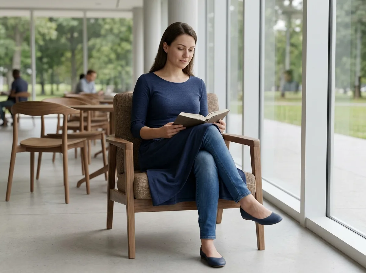 Sitting pose: One leg extended forward or legs lightly crossed