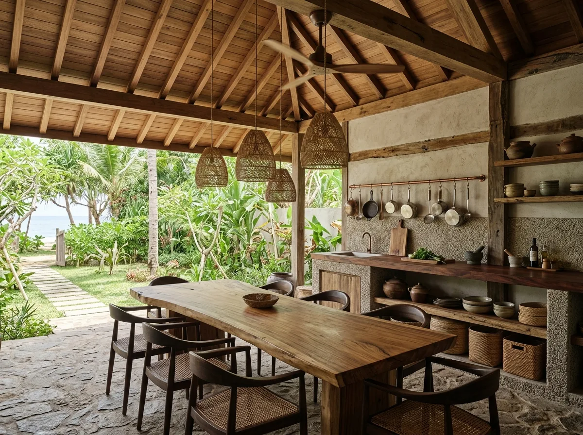 Island Resort Kitchen/Dining: Afternoon Under a Long Wooden Table and Ceiling Fan