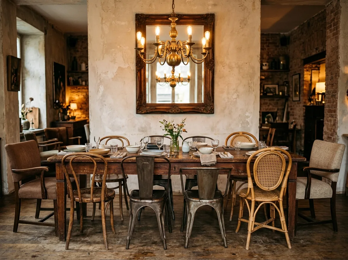 Eclectic dining room: eight chairs, no two alike