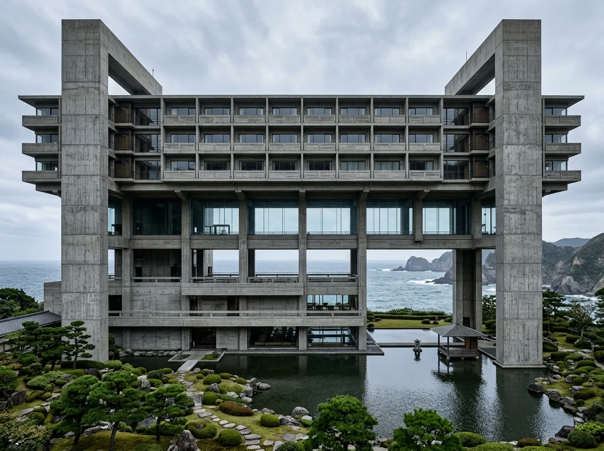 贝壳状屋顶的温泉旅馆：曲面屋面与水景