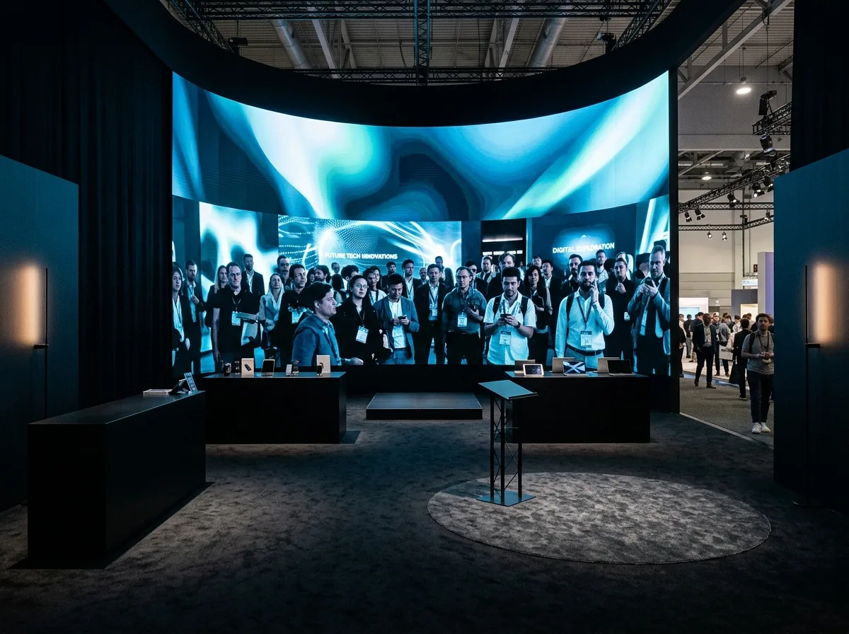コンピューター展・巨大メインウォール：LED映像を背景に